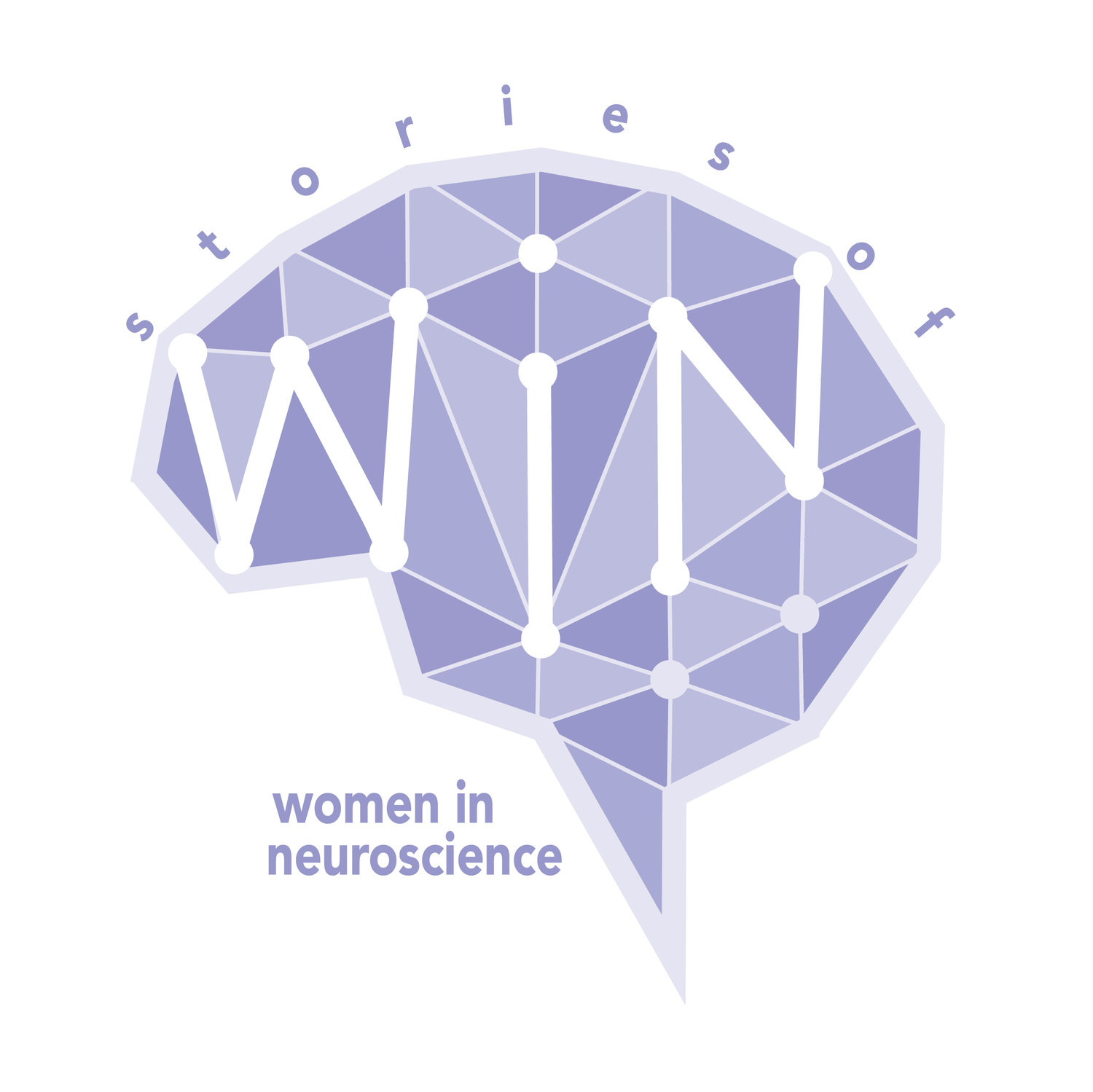 Stories of WiN logo. Logo depicts a brain that looks like a speech bubble with WiN written in the center meant to look like nodes of a circuit. Stories of is written above the brain and Women in Neuroscience is written in the bottom left corner of the logo. 