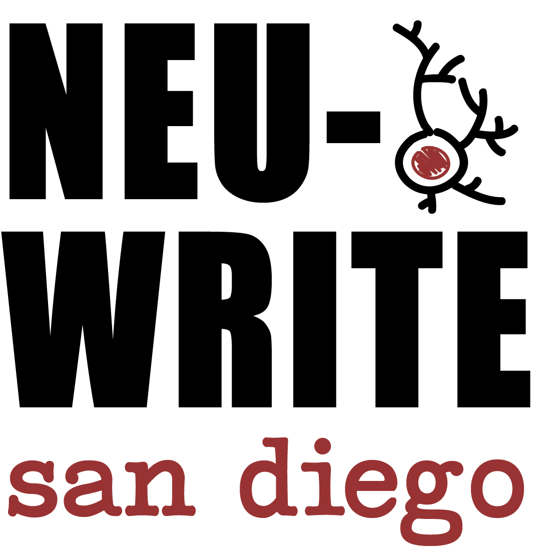 Logo for NeuWrite San Diego. Logo depicts the word NeuWrite in black and San Diego in red with a hand-drawn looking neuron in black with a red nucleus.
